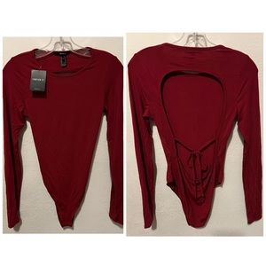 Bodysuit: Maroon / Burgundy, long sleeve backless / tie back F21 Intimates, NWT